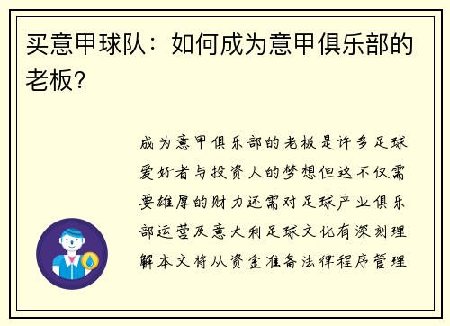 买意甲球队：如何成为意甲俱乐部的老板？