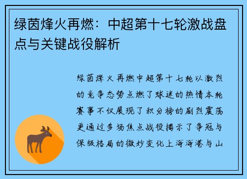 绿茵烽火再燃：中超第十七轮激战盘点与关键战役解析