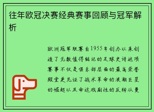 往年欧冠决赛经典赛事回顾与冠军解析